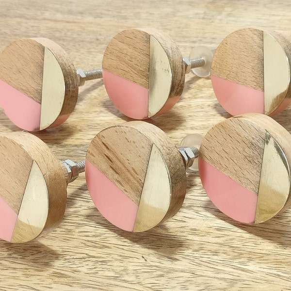 Gold stripe Pink resin and walnut wood drawer knob wooden ivory and gold cabinet knob Pink and gold wood drawer knobs sets of 2/4/6