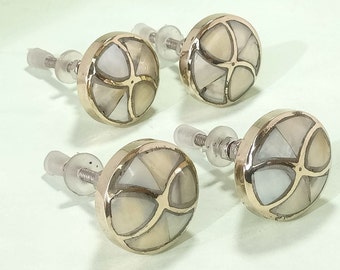 Set of 4 Mother of Pearl Cabinet Knobs: Gold Brass Base Dresser Drawer Pulls