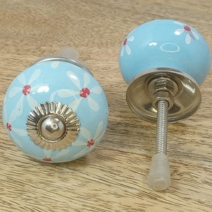 Hand Painted Ceramic Cabinet Knobs: Green & Sky Blue Floral