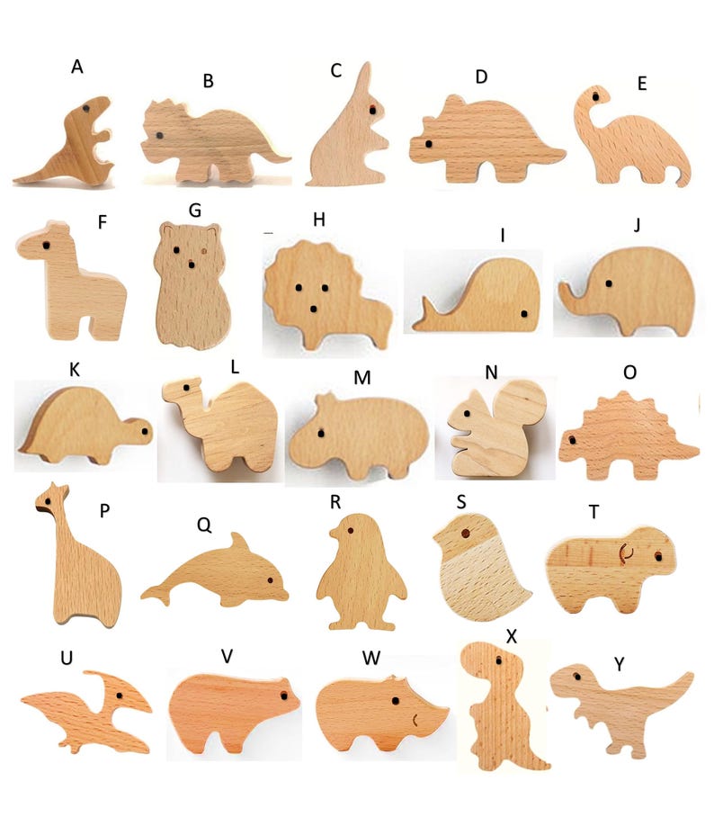 May include: A collection of twenty-five wooden animal figurines, each uniquely shaped and carved. The set includes a variety of animals, such as dinosaurs, elephants, and giraffes. The natural wood color highlights the intricate details of each figure.