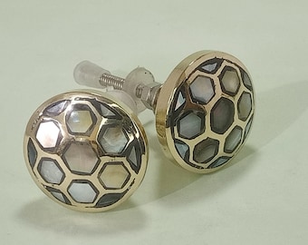 Gold Mother of Pearl Cabinet Knobs: Honeycomb Brass Drawer Pulls, Set of 2