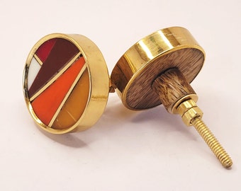 Geometric Resin Drawer Pull: Handmade Mango Wood Knob with Gold Border