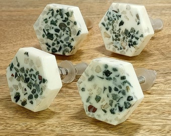 Set of 4 Terrazzo Stone Hexagon Drawer Knobs - Gold Accents