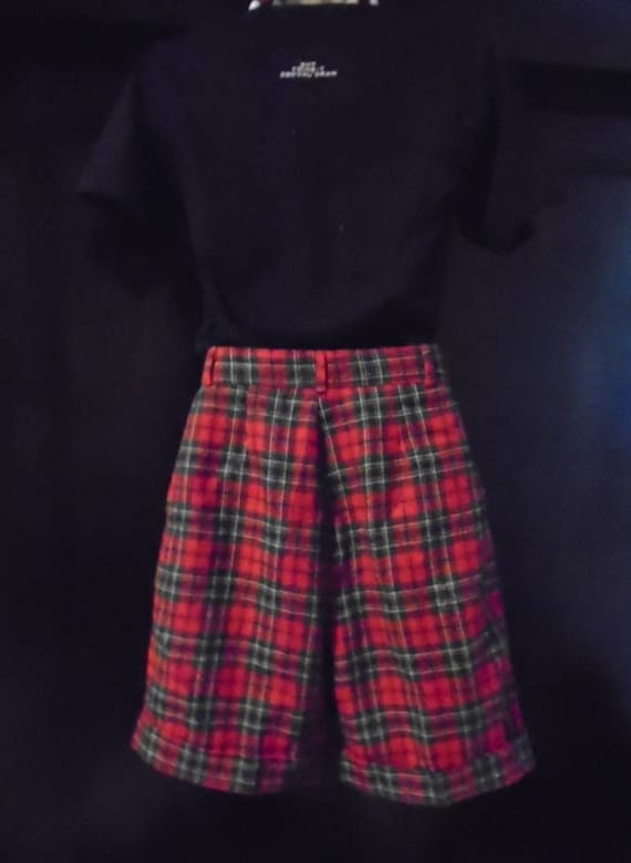 Vintage Plaid Red Green Shorts, Wool Shorts, Red S