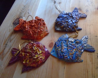 Set of 4 Handmade Fish Ornaments, Paper Mache, Green Fish, Red Fish, Blue Fish, Orange Fish Ornaments, Fishing Ornaments, Handmade Ornaments