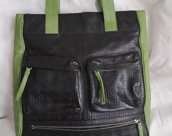 Vintage Bodhi Green Black Leather Bag, Leather Tote Bag, Expandable Bag, Vintage Tote