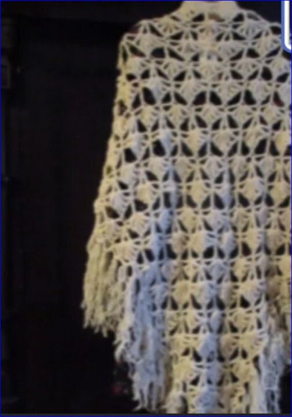 Vintage Ivory Fringed Wool Crochet Triangle Shawl 