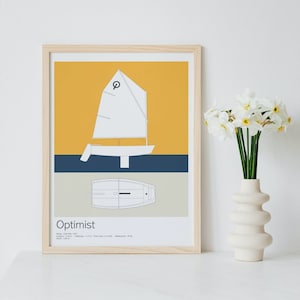 Op de afbeelding: Een ingelijste print van een zeilboot met een gele, blauwe en beige achtergrond. De zeilboot is gelabeld met "Optimist" met details over het ontwerp van de boot, de lengte, het zeiloppervlak en de verplaatsing.