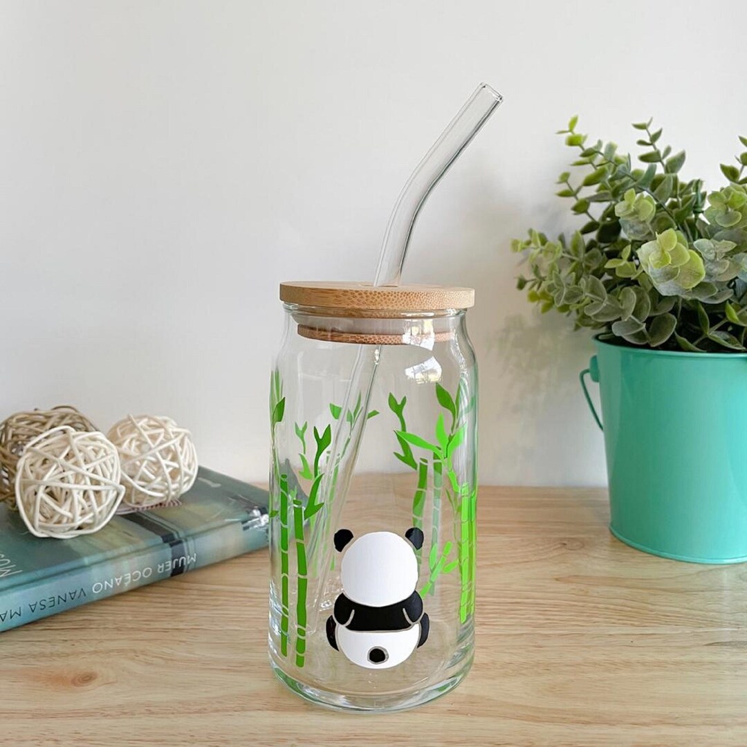 Panda Glass Cup: Iced Coffee Tumbler With Bamboo Lid & Straw - Etsy