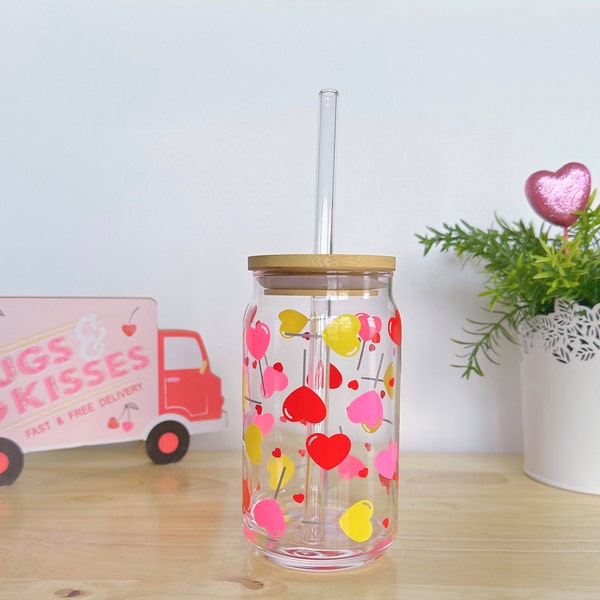 Lollipops Heart  Glass Can, Valentine candy hearts, gift for San Valentine, iced coffee lover, aesthetic cup, bamboo lid, glass straw