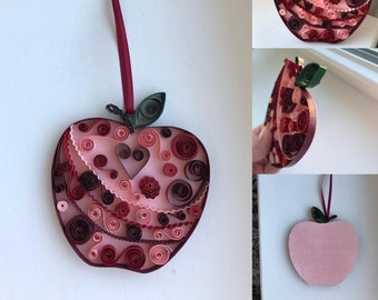 Unique Filigree Paper Apple Teacher Appreciation Gift Idea | Handmade Quilled Apple Heart Xmas Ornament | 3D Paper Art | Apple Gift Topper
