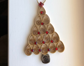 Handmade Quilled Miniature Gold Christmas Tree with Bling Holiday Ornament | Shimmering Gold Red Christmas Décor | Festive Stocking Stuffer
