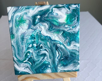Abstract Textured Acrylic Pour Ribbon Paint Aerial Ocean Mini Canvas Art w/ Easel Teal White Iridescent Green Ocean Waves Fridge Magnet