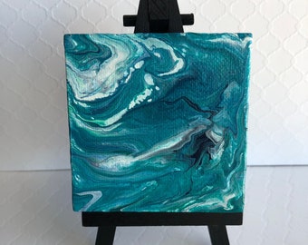 Abstract Teal White Blue Textured Acrylic Paint Mini Canvas Art w/ Easel Ocean Waves Fridge Magnet Mini Easel Art Fluid Pour Painting Décor