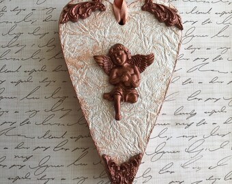 Valentine's Day Victorian Vintage Rose Gold Cupid Angel Cherub Doorknob Hanger Decorative Acanthus Religious Wooden Heart Ornament Decor