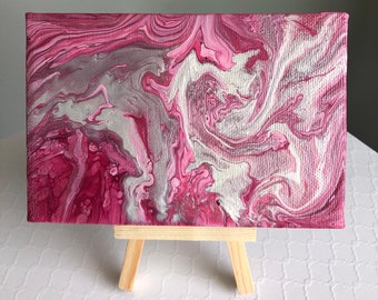 Abstract Fluid Acrylic Pour Paint Mini Canvas Art with Easel Shelf Shelfie Desktop Table Top Accent | Pink and Silver Home Decor