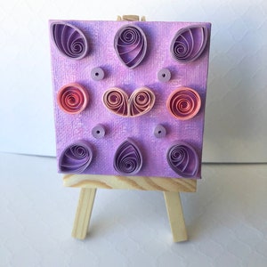 Unique One of a Kind Hand Painted Pink and Purple Mini Canvas 3D Quilled Heart Abstract Paper Art Fridge Magnet Junkie Kitchen Organization