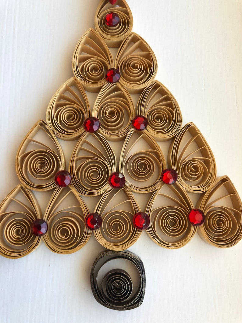 Handmade Quilled Miniature Gold Christmas Tree with Bling Holiday Ornament Shimmering Gold Red Christmas Décor Festive Stocking Stuffer image 8