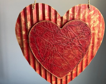 Red Gold Corrugated Metal Wood Leather Look Valentine&#39;s Day Heart Door Hanger Shabby Chic Farmhouse Rustic Romantic Heart Art Wall Décor