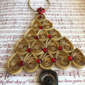 Handmade Quilled Miniature Gold Christmas Tree with Bling Holiday Ornament Shimmering Gold Red Christmas Décor Festive Stocking Stuffer image 3