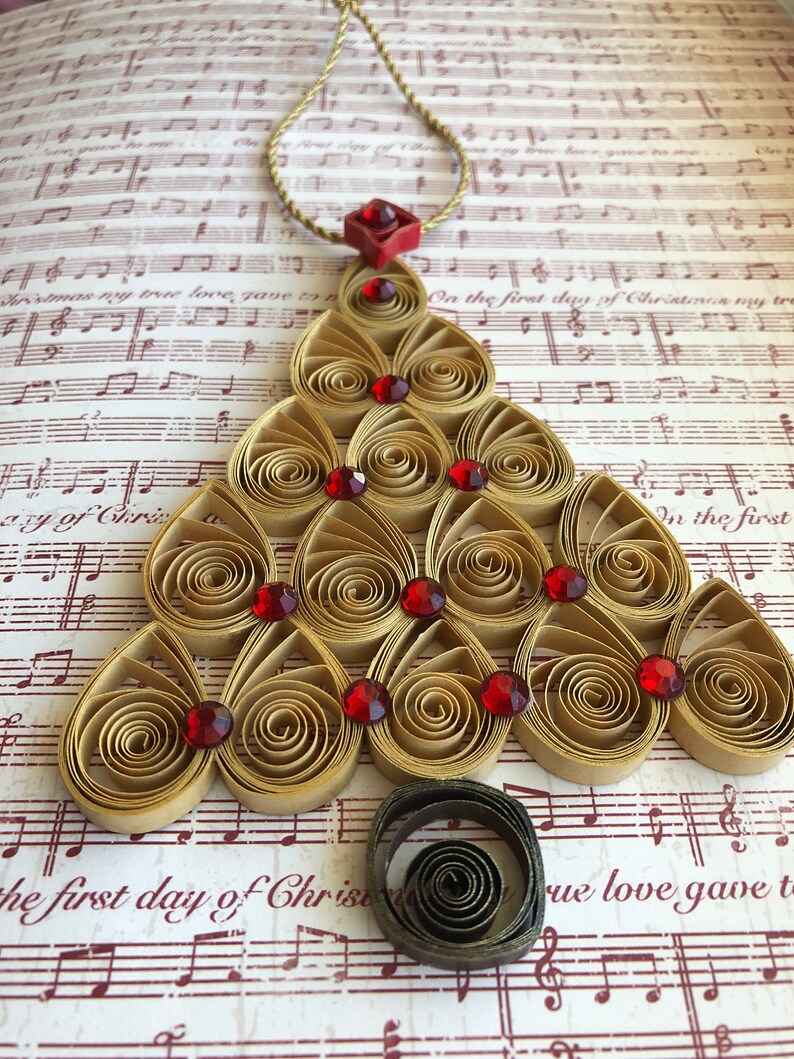 Handmade Quilled Miniature Gold Christmas Tree with Bling Holiday Ornament Shimmering Gold Red Christmas Décor Festive Stocking Stuffer image 3