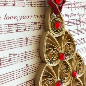 Handmade Quilled Miniature Gold Christmas Tree with Bling Holiday Ornament Shimmering Gold Red Christmas Décor Festive Stocking Stuffer image 5