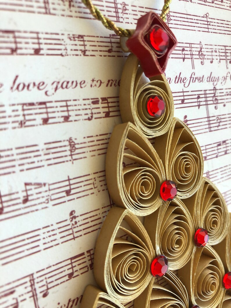 Handmade Quilled Miniature Gold Christmas Tree with Bling Holiday Ornament Shimmering Gold Red Christmas Décor Festive Stocking Stuffer image 5