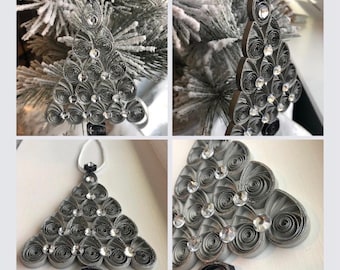 Handmade Quilled Mini Christmas Tree With Star Holiday Ornament | Silver Shimmery Glitzy Christmas Décor Bauble | Festive Stocking Stuffer