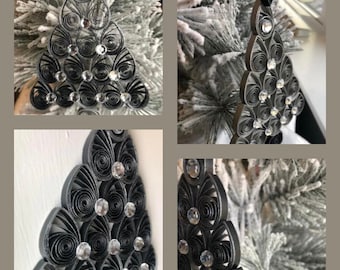 Handmade Quilled Miniature Christmas Tree Holiday Ornament | Black Silvery Bling Shimmery Christmas Décor | Festive Stocking Stuffer Gift