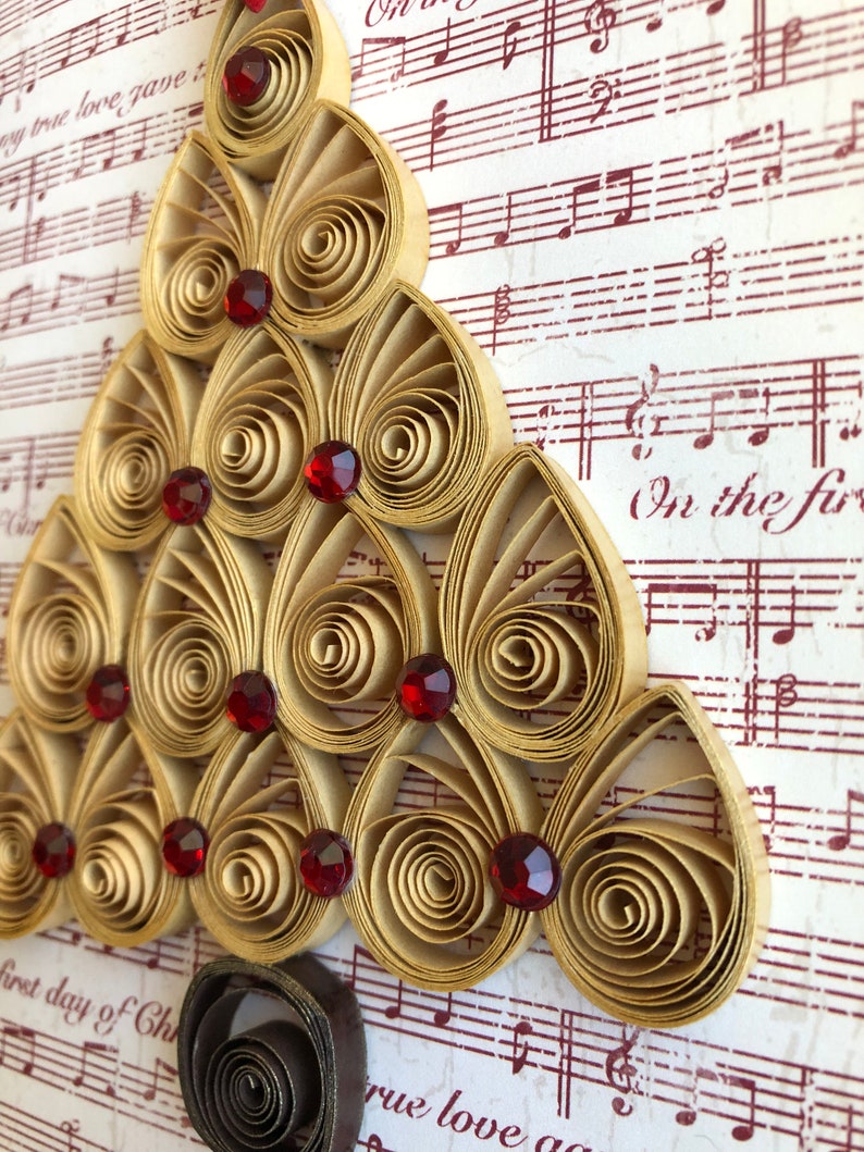 Handmade Quilled Miniature Gold Christmas Tree with Bling Holiday Ornament Shimmering Gold Red Christmas Décor Festive Stocking Stuffer image 4