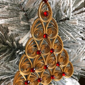 Handmade Quilled Miniature Gold Christmas Tree with Bling Holiday Ornament Shimmering Gold Red Christmas Décor Festive Stocking Stuffer image 2