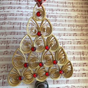 Handmade Quilled Miniature Gold Christmas Tree with Bling Holiday Ornament Shimmering Gold Red Christmas Décor Festive Stocking Stuffer image 7