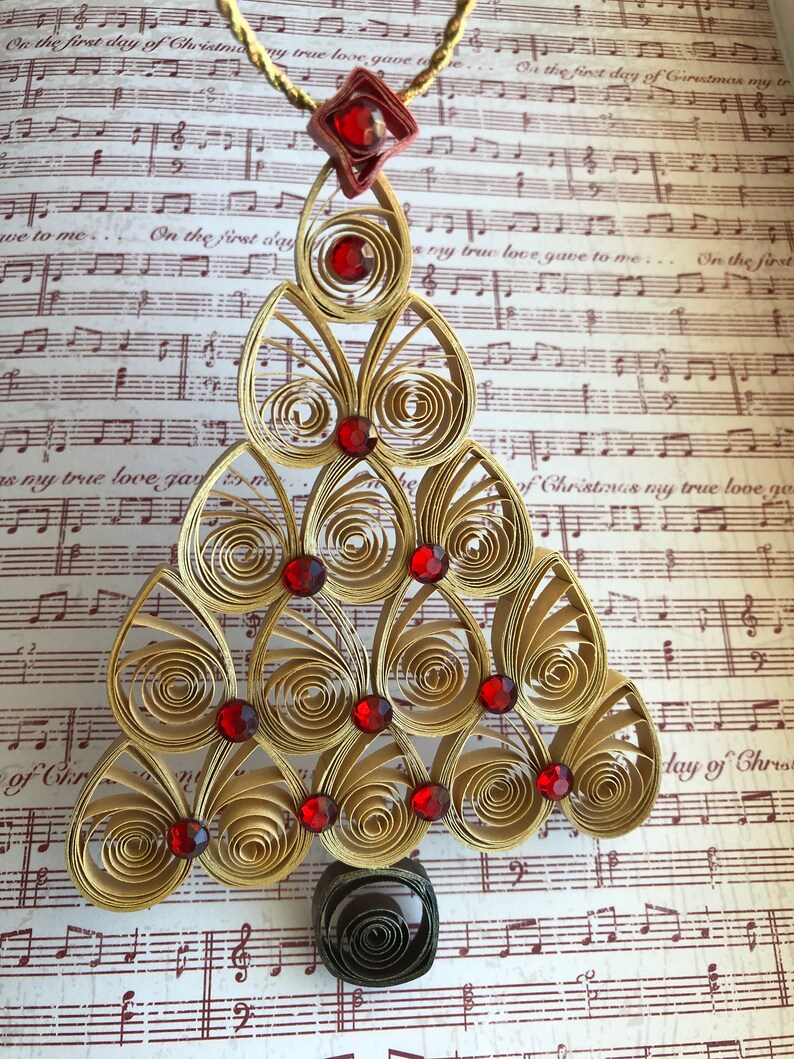 Handmade Quilled Miniature Gold Christmas Tree with Bling Holiday Ornament Shimmering Gold Red Christmas Décor Festive Stocking Stuffer image 7