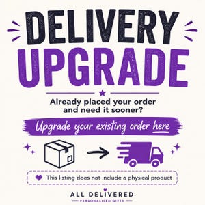 May include: A graphic with the text DELIVERY UPGRADE in large purple letters. Below, it asks Already placed your order and need it sooner? followed by Upgrade your existing order here. It shows a box, an arrow, a truck, and a note stating this listing does not include a physical product, with the brand name ALL DELIVERED PERSONALISED GIFTS at the bottom.