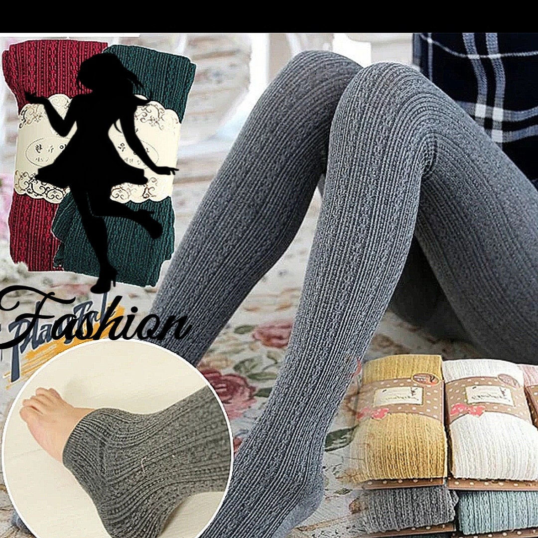 Women Winter Wool Cable Knit Sweater Footed Tights Stretch