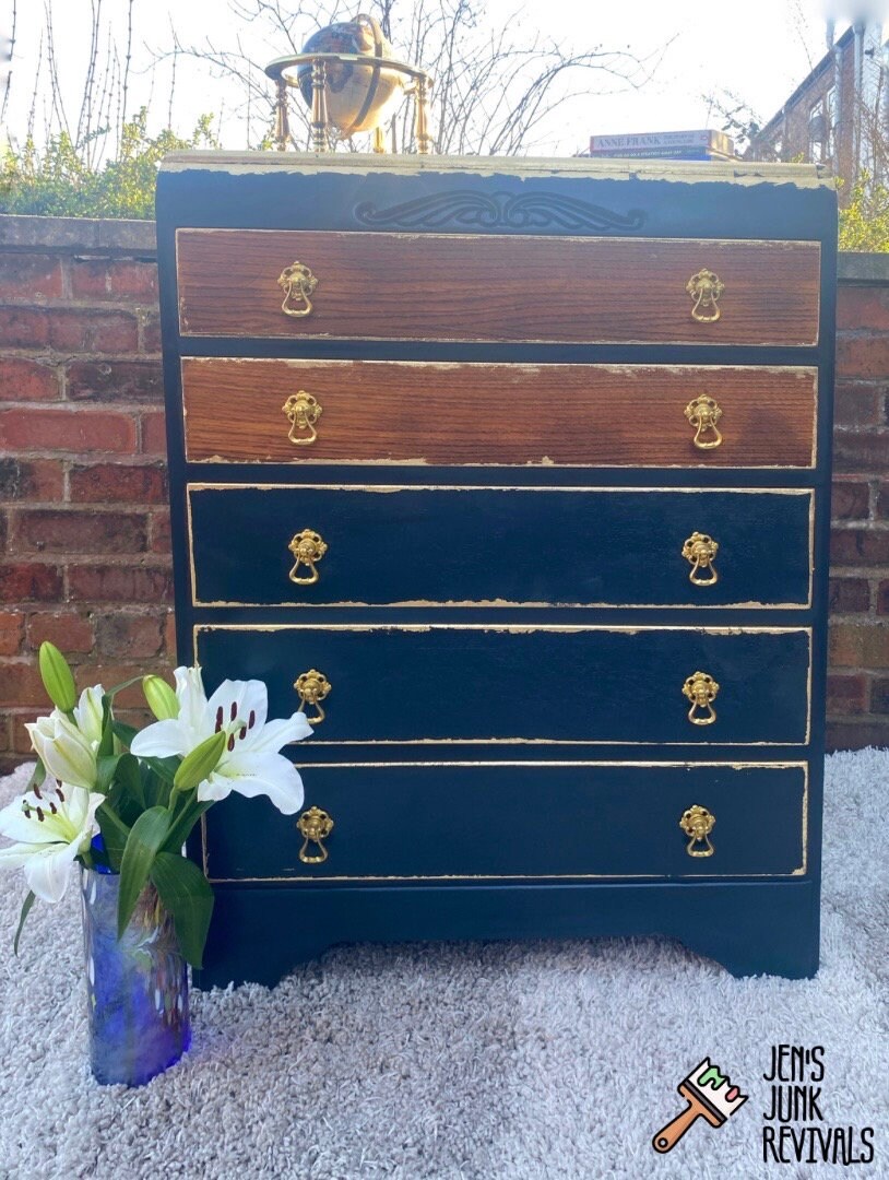 Rich Blue and Gold Leaf Statement Chest of Draws Rich Blue and Gold Leaf Statement Chest of Draws