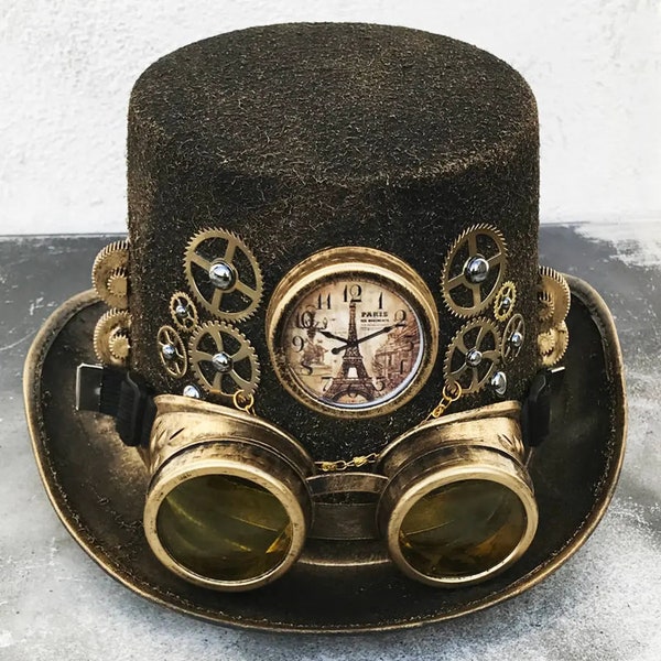 STEAMPUNK HAT and GOGGLES Set - Our Best Seller!  Gold/Blk Vintage hat with removable wearable goggles & your choice of lens color