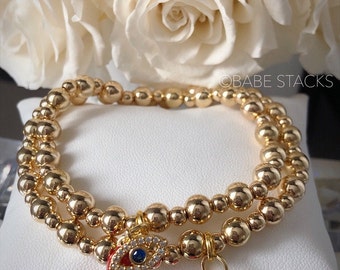 Gold Evil Eye and Italian Horn beaded bracelet