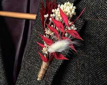 Dried Flower Boutonniere | Natural Buttonhole | Wedding Flowers | Keepsake | Wedding | boutonniere | Rustic Buttonhole | Burgundy | Red |