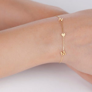 14k Solid Gold Custom Letter Bracelet, Gold Sideways Initial Bracelet,  Personalized Letter Gold Bracelet Great Mother’s Day Gift for Her.