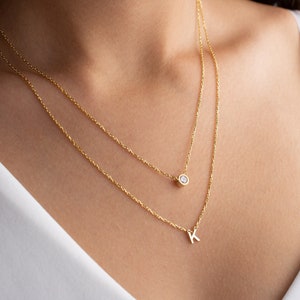 Collar dimand de oro de 14k con carta, collar inicial de piedra de nacimiento, collar de doble hebra, regalo del Día de la Madre, regalo de dama de honor, regalo de nueva mamá