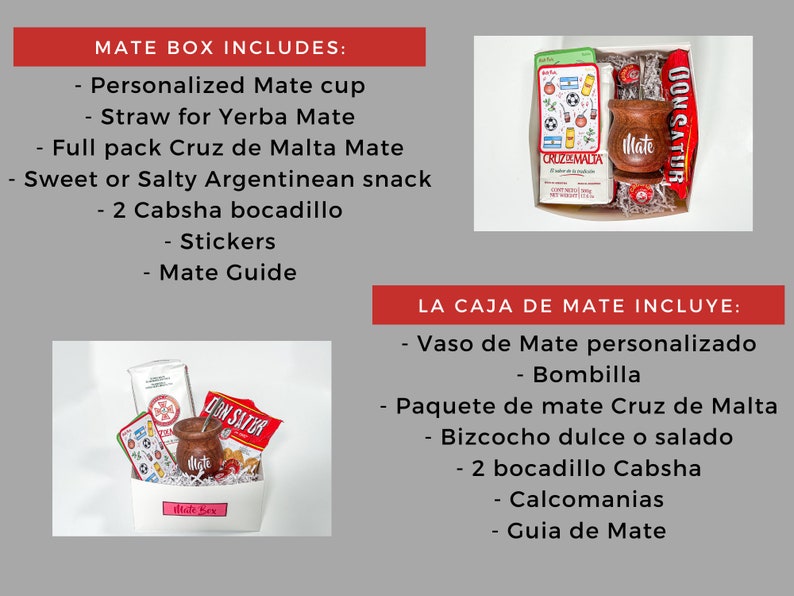 May include: A mate box includes a personalised mate cup, straw, full pack of Cruz de Malta mate, sweet or salty Argentinean snack, two Cabsha bocadillos, stickers, and a mate guide. The box is shown with a wooden mate cup, a pack of mate, and a red and white bag.