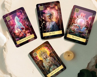 May include: Four tarot cards with fantasy art. The cards are labeled "Knight of Swords", "The Fool", "The Chariot", and "Queen of Cups". Each card features a different illustration with a gold border and text. A small candle sits nearby.