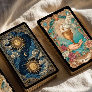 Puede incluir: Tres mazos de cartas del tarot con bordes dorados se muestran sobre una superficie blanca texturizada. Las cartas presentan ilustraciones detalladas con temas celestiales y florales, incluyendo soles, lunas y una paloma. Las cartas tienen un borde negro y dise&ntilde;os ornamentados.