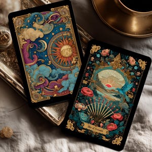 Baraja de Tarot – Arcanos Antiguos: Nocturno, con guía, cartas de tarot barrocas adornadas con flores doradas y doradas.