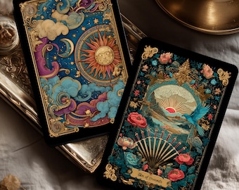 Baraja de Tarot – Arcanos Antiguos: Nocturno, con guía, cartas de tarot barrocas adornadas con flores doradas y doradas.