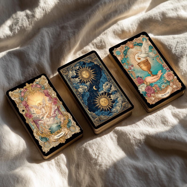 Puede incluir: Tres mazos de cartas del tarot con bordes dorados se muestran sobre una superficie blanca texturizada. Las cartas presentan ilustraciones detalladas con temas celestiales y florales, incluyendo soles, lunas y una paloma. Las cartas tienen un borde negro y dise&ntilde;os ornamentados.