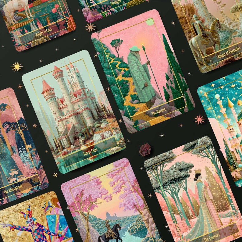 Celestial Carnival Tarot Deck, featuring 78 cards with pink gold and pastel tones, comes with a guidebook and bag, designed to boost the royal aura and fortune.