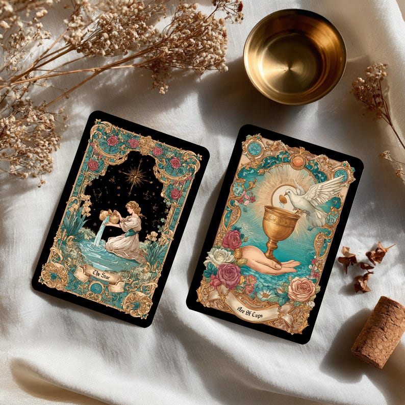 Puede incluir: Dos cartas de tarot con dise&ntilde;os florales y celestiales ornamentados. Una carta presenta a una mujer vertiendo agua, etiquetada como "The Sun". La otra muestra una mano sosteniendo un c&aacute;liz, con una paloma y el texto "Ace of Cups."