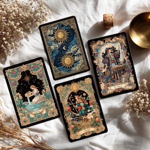 Puede incluir: Cuatro cartas de tarot con ilustraciones detalladas. Las cartas presentan figuras celestiales y humanas en un estilo vintage, con detalles dorados y azules. Las cartas est&aacute;n dispuestas sobre una superficie blanca con flores secas y un corcho.